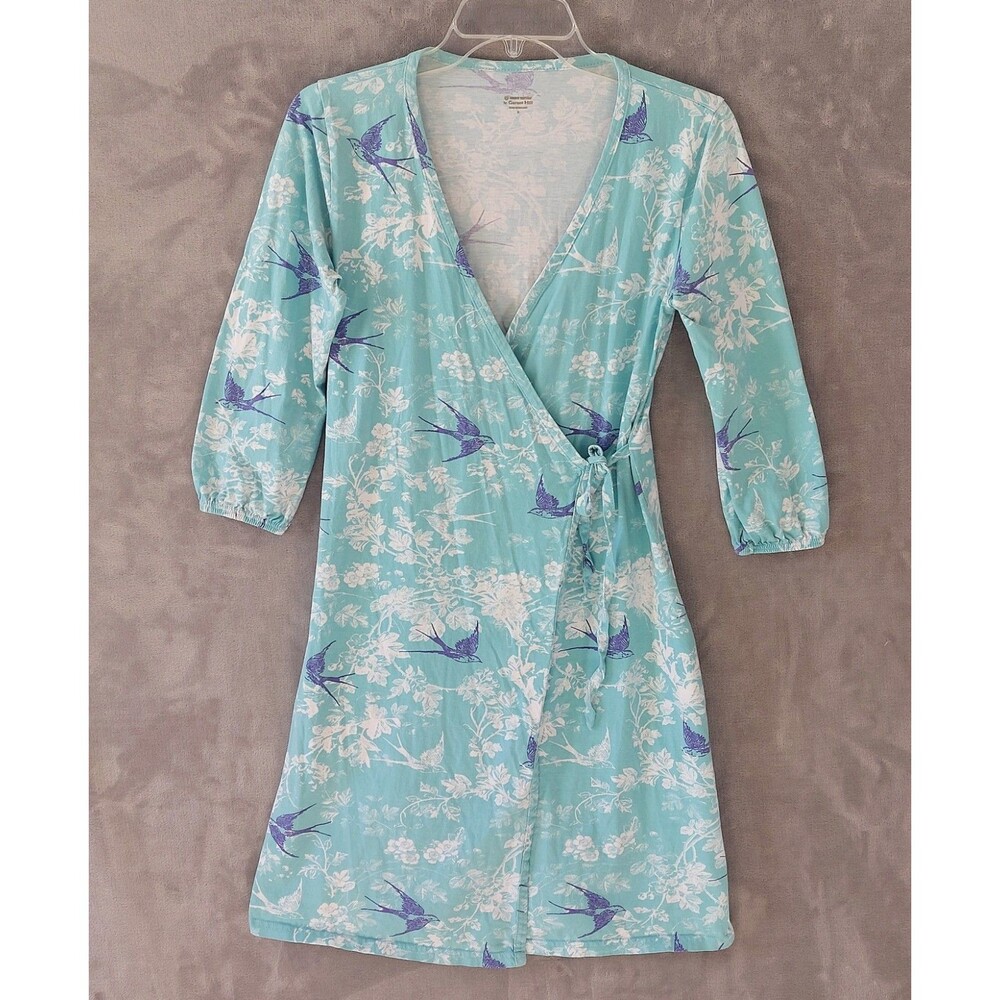 Garnet Hill Tie Wrap Robe Women's Size XS Floral Bird Print Attached Ties Green